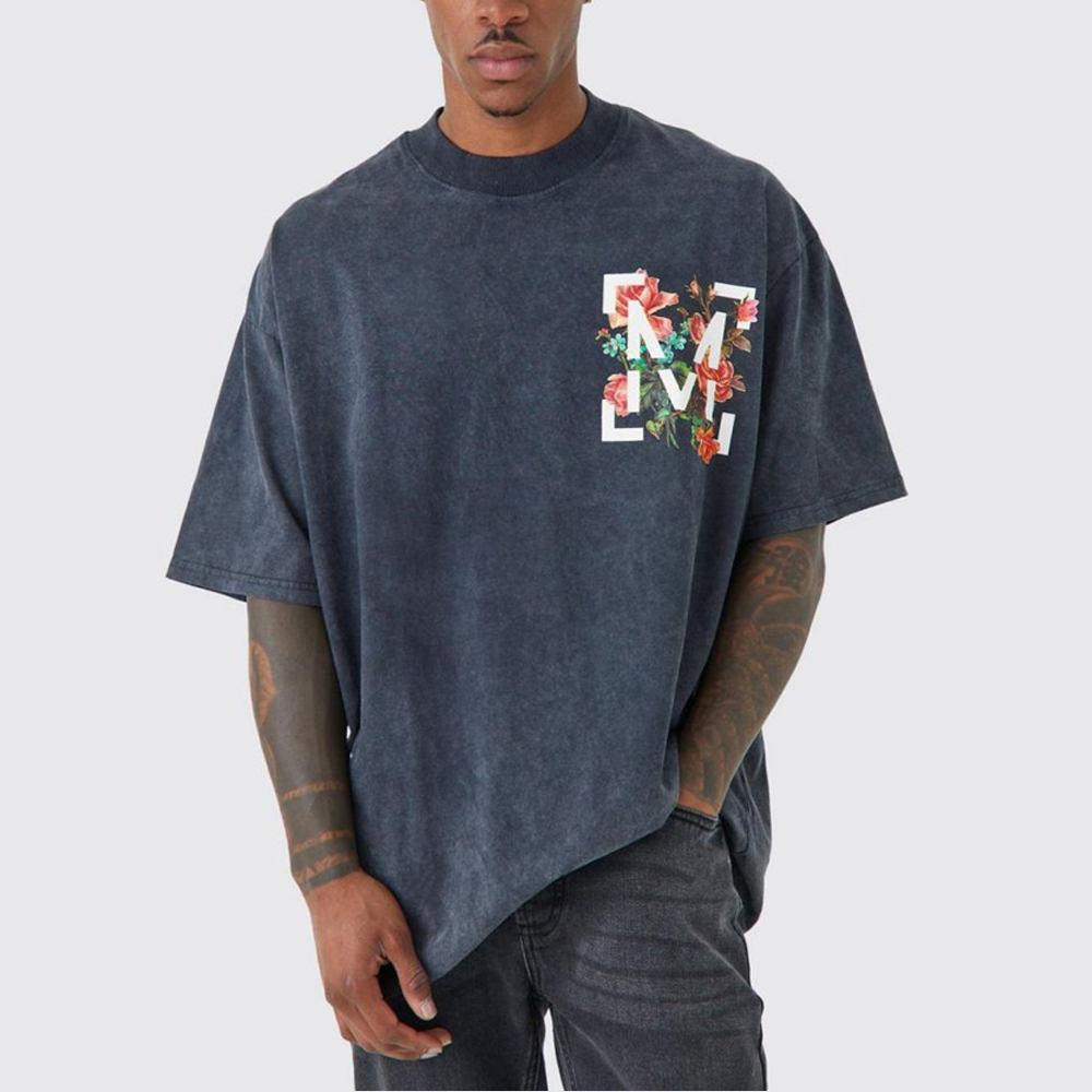 Oversized Floral Graphic Acid Wash T-Shirt – Charcoal