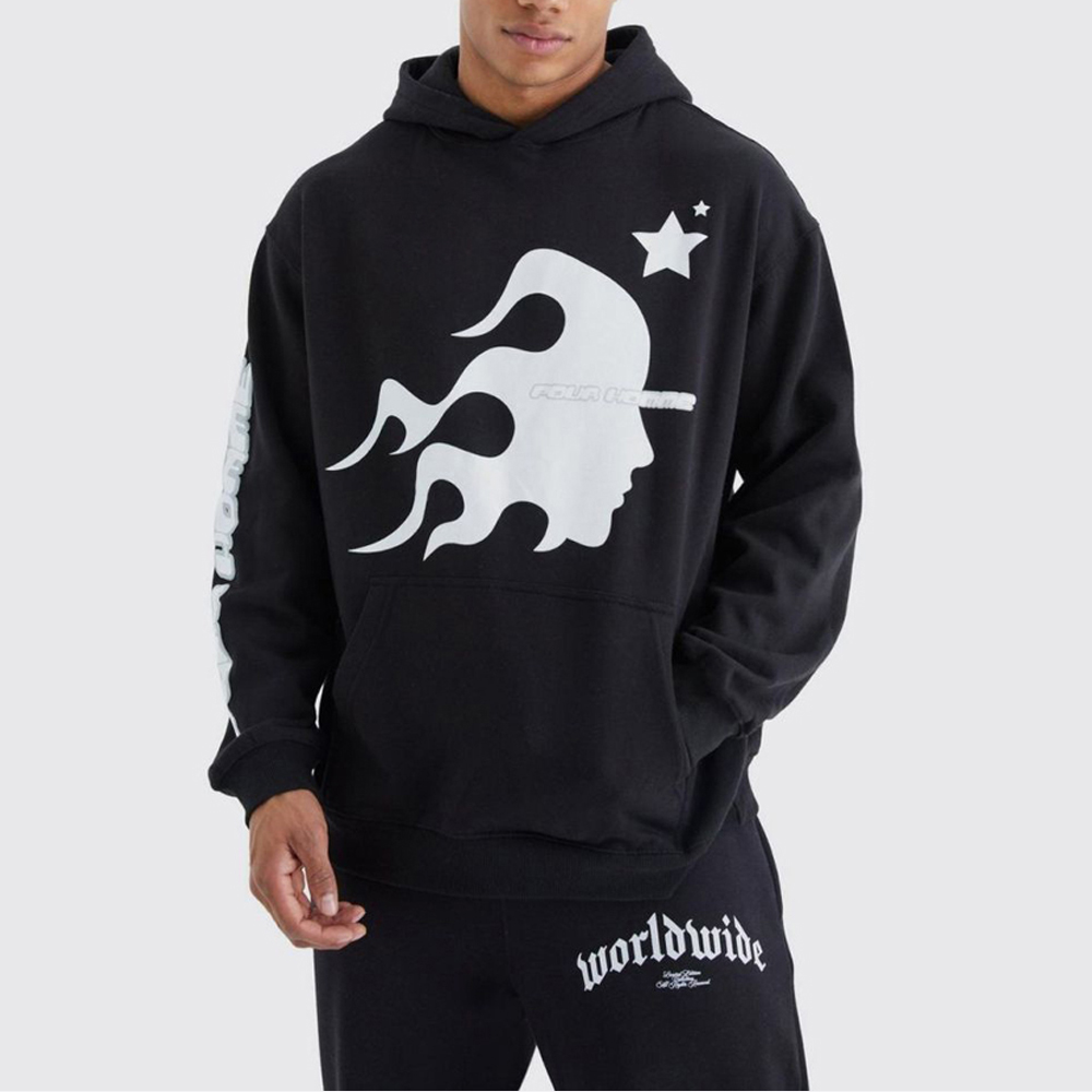 Oversized Homme Graphic Puff Print Hoodie – Black